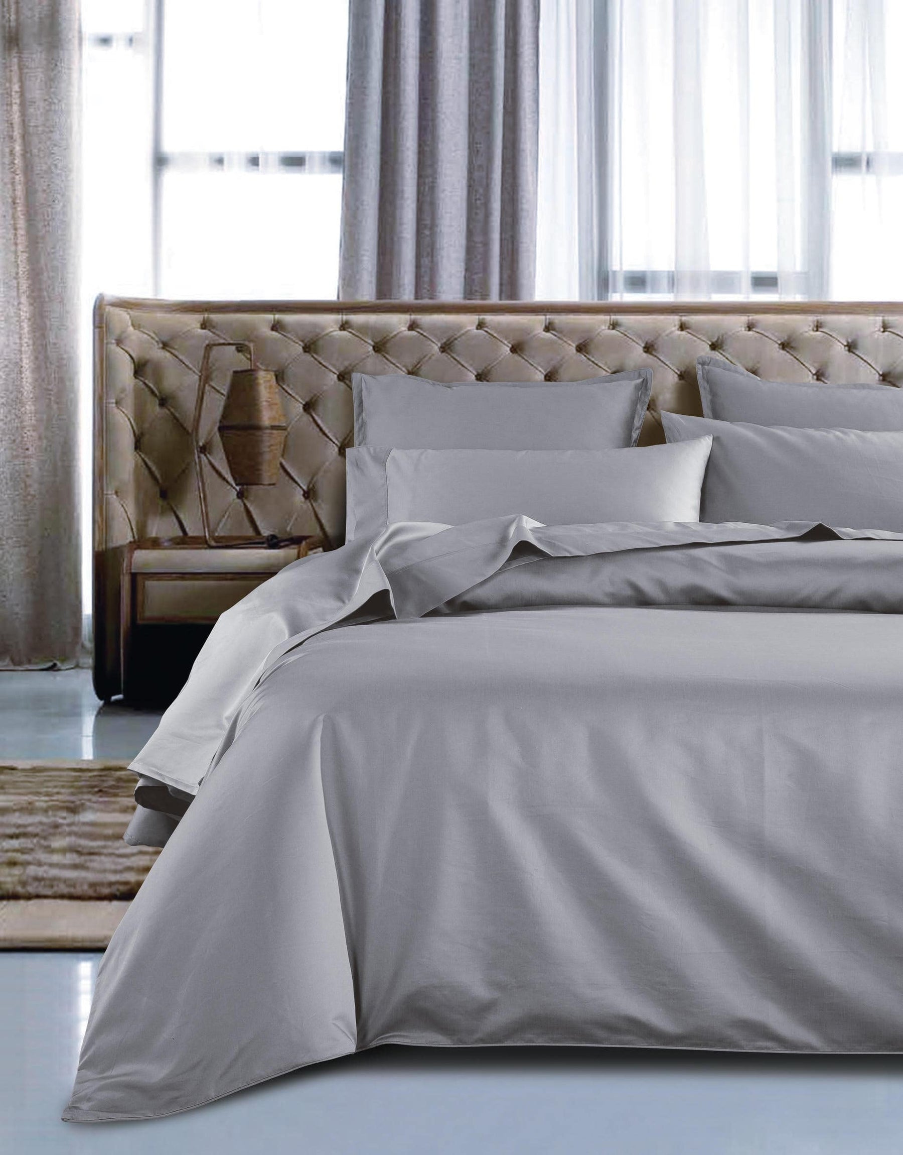 Bamboo Duvet Cover Set in Grey in a contemporary bedroom. The sheets are from Hometrend, a Canadian Sheet Set and Duvet Cover Set in Richmond Hill